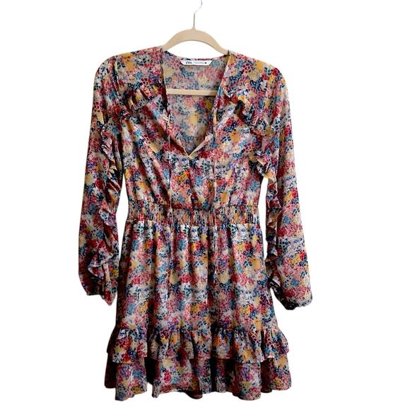 Zara Dresses & Skirts - Zara Dress Womens Size XS Tie Neck Ruffle Mini Floral Romantic Boho Peasant
